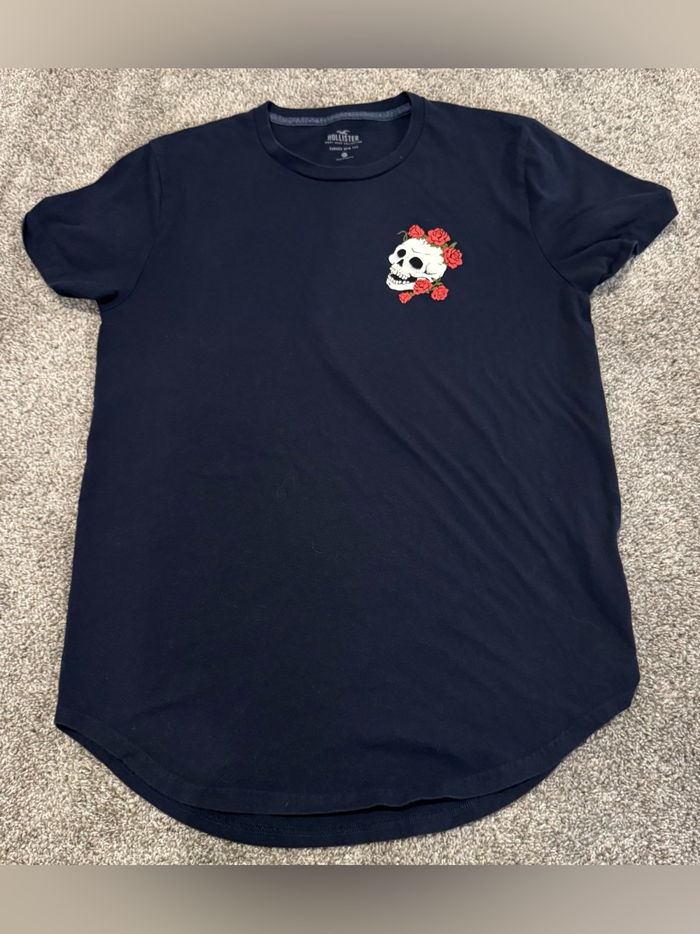 Hollister Navy Tee with Skull and Rose Chest Graphic